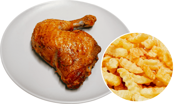 Menü 4 – 2 frisch gegrillte Hähnchenschenkel mit Pommes oder Salat